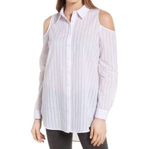 Pleione White Striped Cold Shoulder Button Up Top